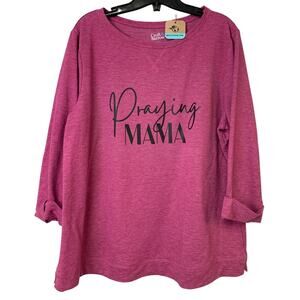 Upcycled Hand Printed Women Large Praying Mama 3/4 Sleeve Lightweight Sweatshirt